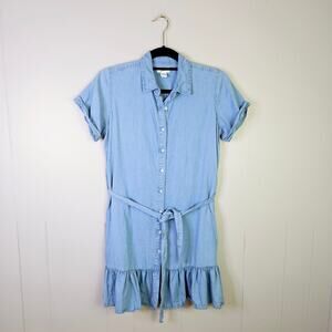 Japna Button Up Front Tie Waist Chambray Dress Super Soft Size Small Ruffle Hem